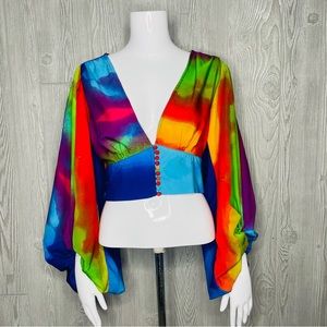 Truth tie dye rainbow balloon sleeve button front cropped shirt / top festival m